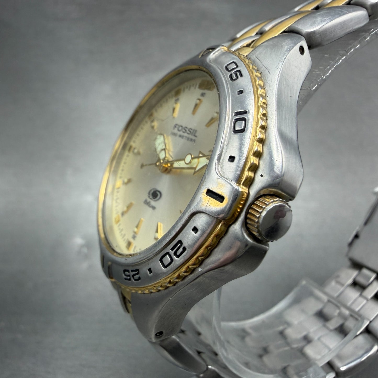 Fossil Dive Watch Men 40mm Champagne Dial Two Tone Date Round AM-3639 New Batt2
