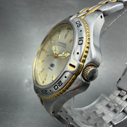 Fossil Dive Watch Men 40mm Champagne Dial Two Tone Date Round AM-3639 New Batt2