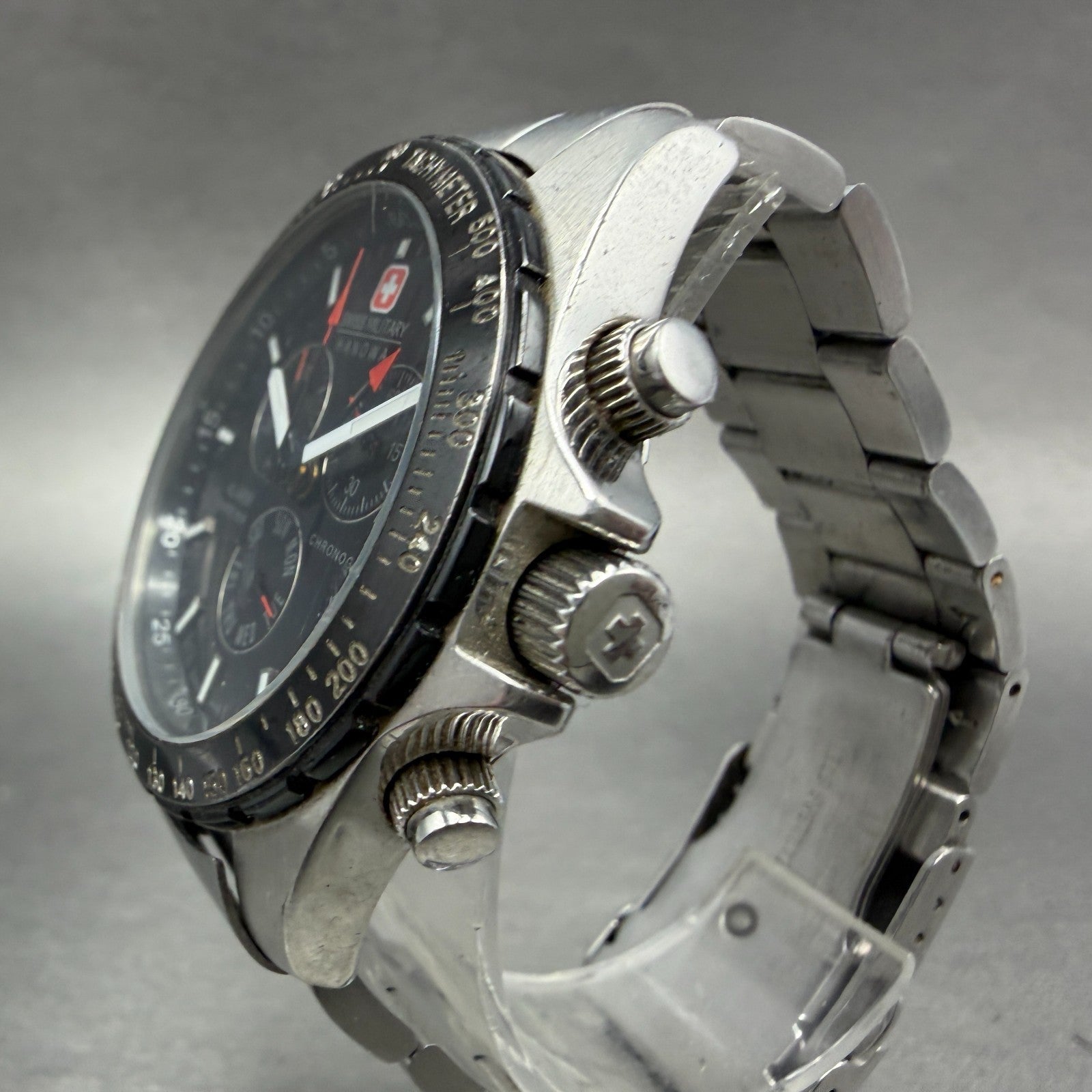 Swiss Military Chronograph Watch Men 40mm Black Dial Silver Alarm Daydate NewBat2
