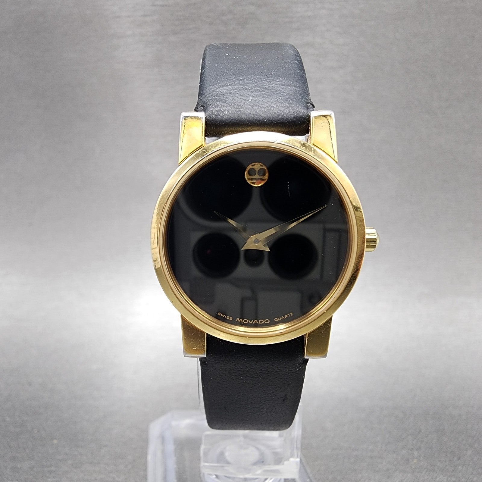 Movado Muesum Watch Women 25mm Black Dial Gold Tone Round 87 A1 845 New Battery0
