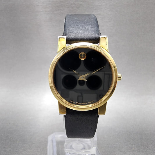 Movado Muesum Watch Women 25mm Black Dial Gold Tone Round 87 A1 845 New Battery0