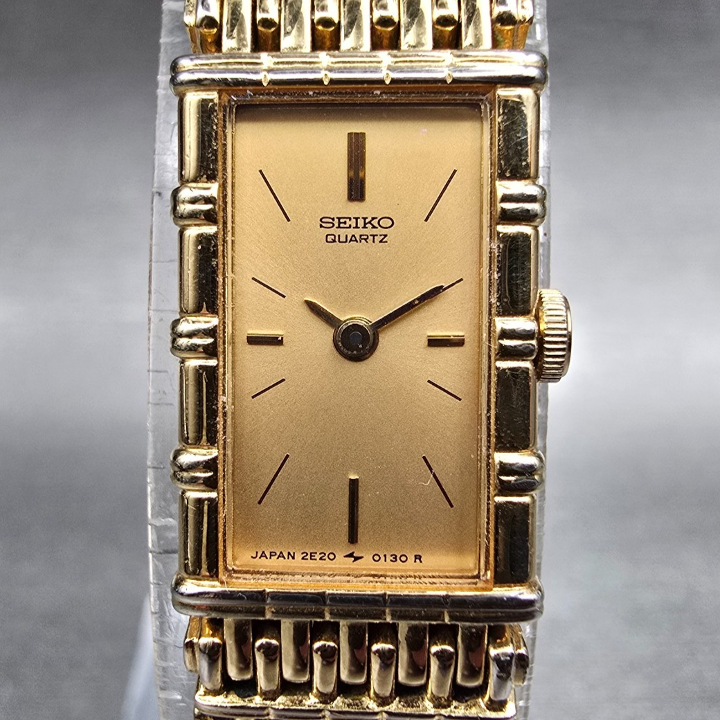 Seiko Watch Women 13mm Gold Dial Gold Tone Rectangle 2E20-5079 New Battery1