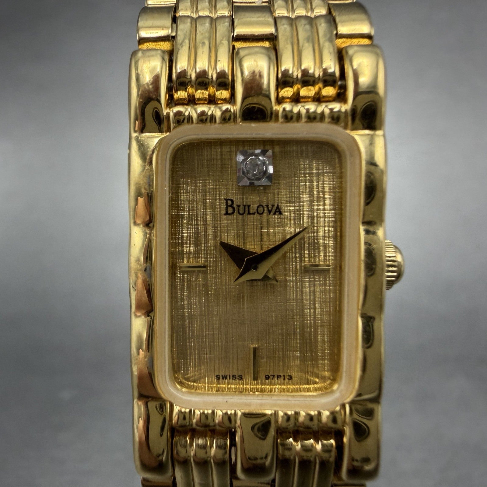 Bulova Tank Watch Women 14mm Champagne Dial Gold Tone 97P13 New Battery ABC1