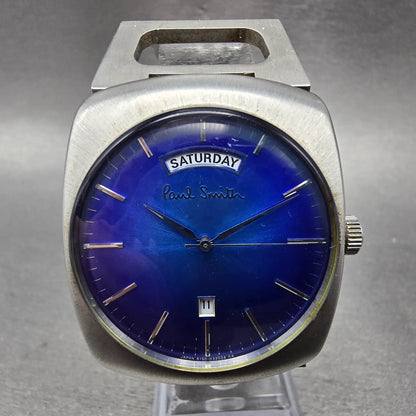 Paul Smith Watch Men 36mm Blue Dial Silver Tone Daydate Round New Battery0