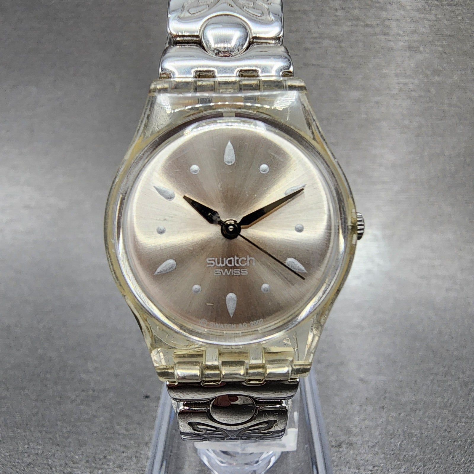 Swatch Watch Women 25mm Silver Dial Clear Case Round New Battery0