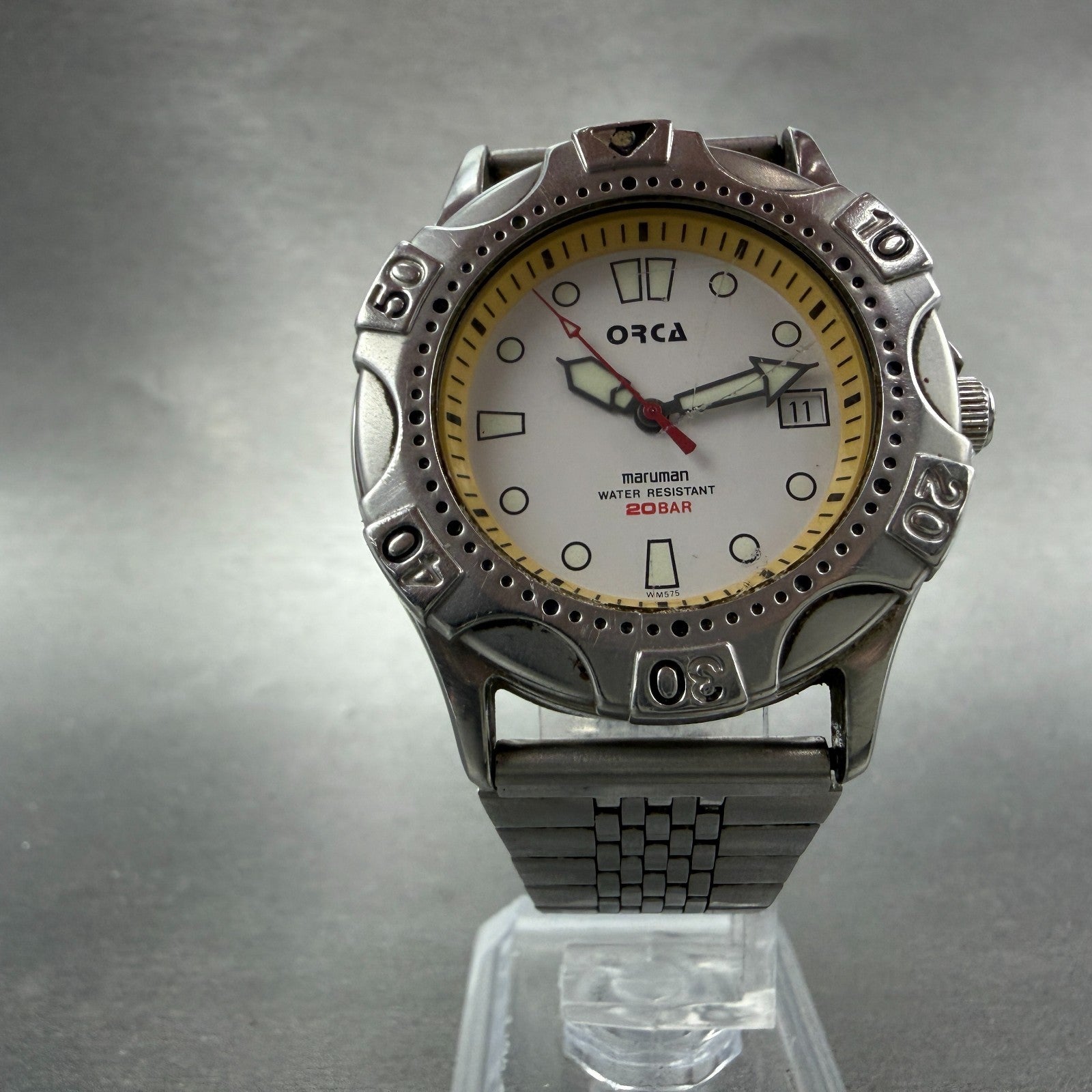 Maruman Orca Dive Watch Men 38mm White Dial Silver Tone Date Round New batt5