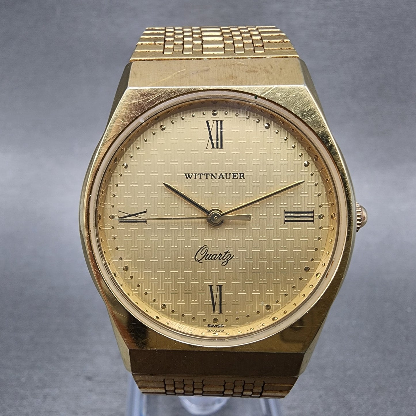 Wittnauer Watch Men 32mm Gold Dial Gold Tone Round Bracelet New Battery1