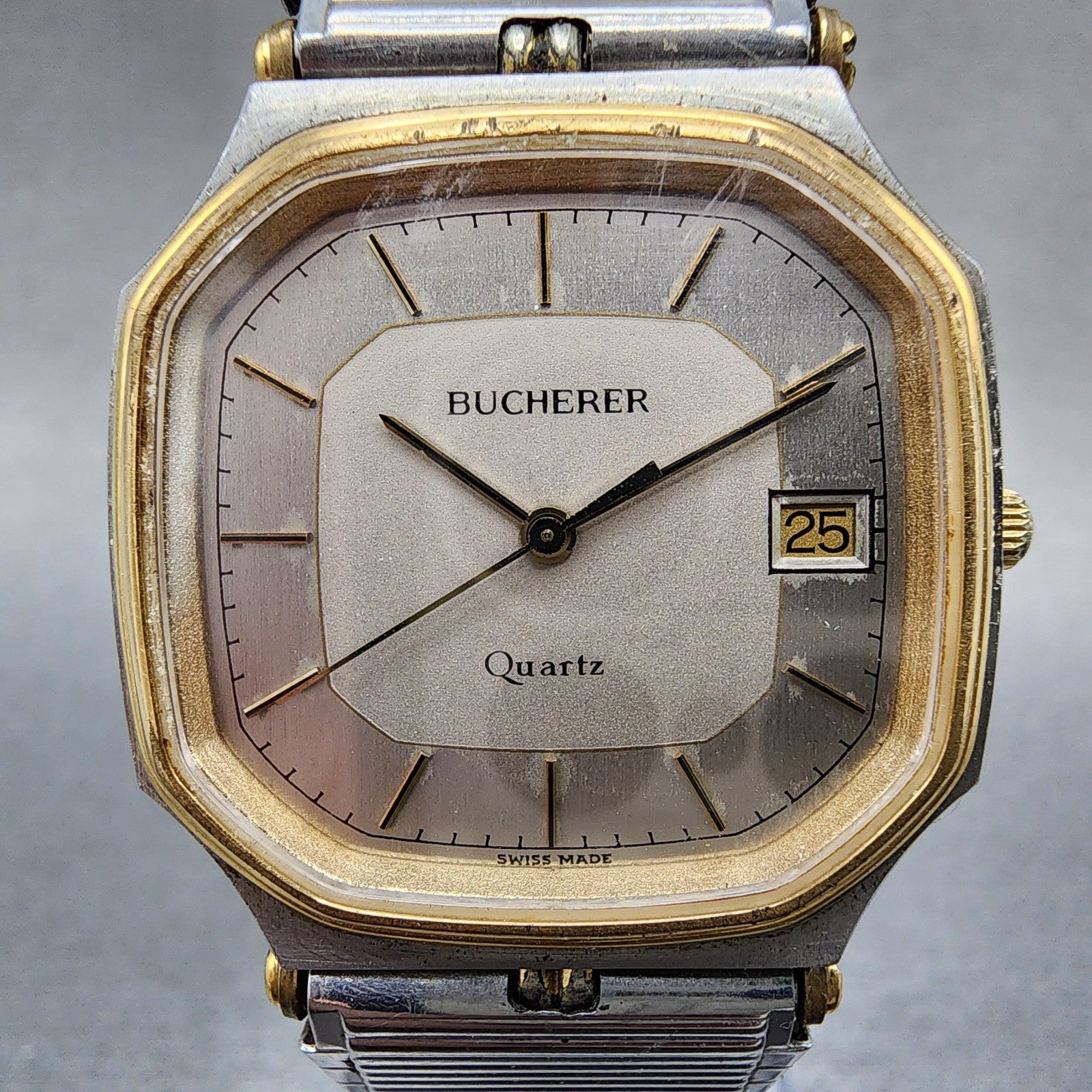Bucherer Watch Men 31mm Silver Dial Two Tone Date Octagon 22027 New Battery1