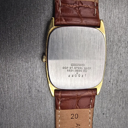 Seiko Watch Men 28mm Gold Dial Gold Tone Rectangle 6530-5020 New Battery Vintage10