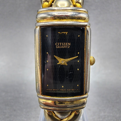 Citizen Tank Watch Women 17mm Black Dial Gold Tone Rectangle New Battery