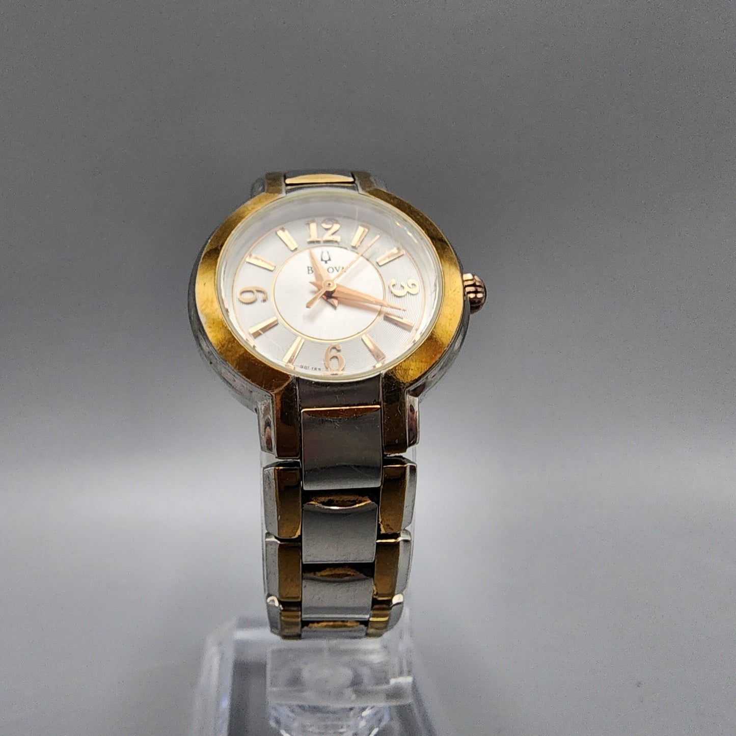 Bulova Watch Women Two Tone Silver Dial 27mm Round 98L153 New Battery 6"