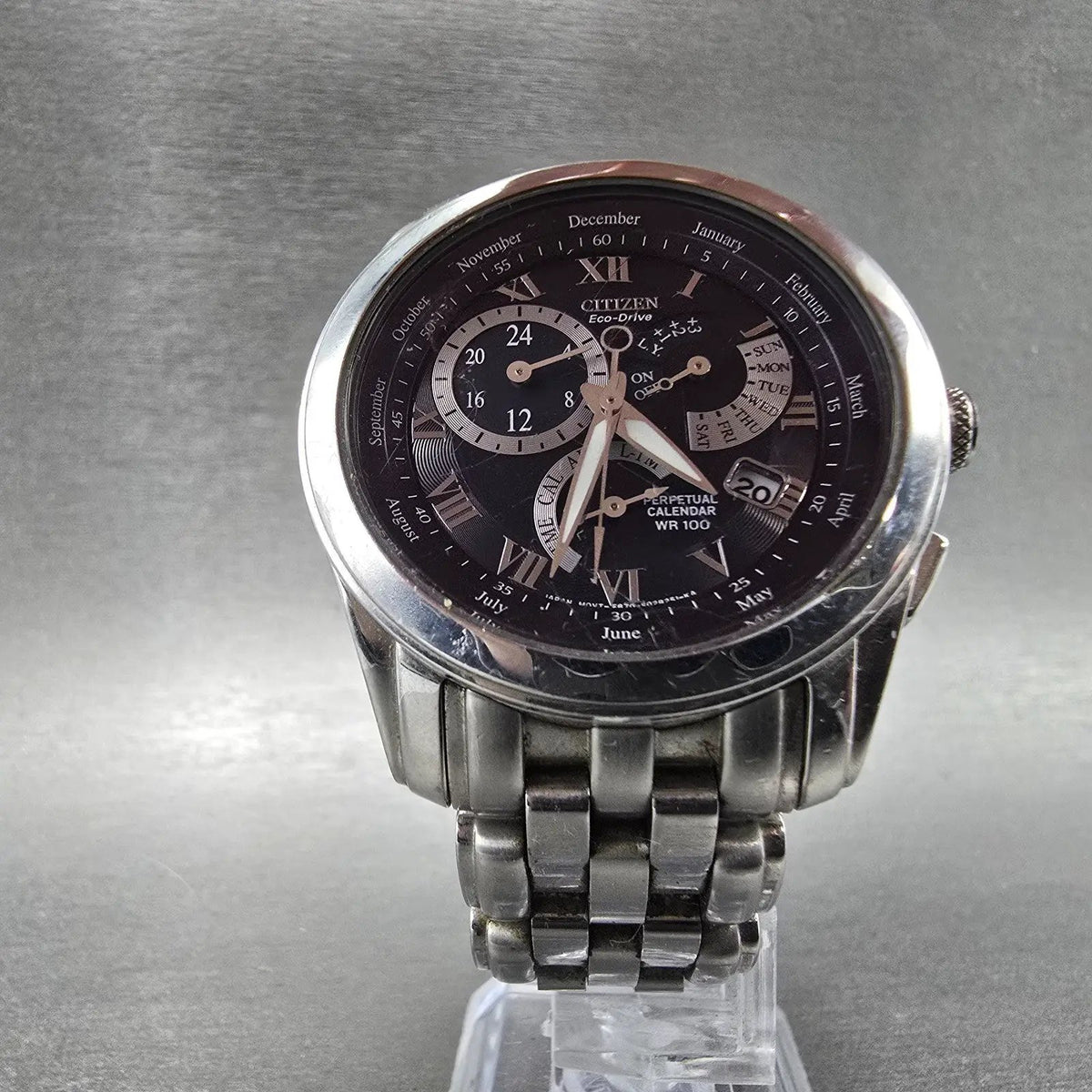 Citizen Eco-Drive Perpetual Calendar Watch Men 39mm Black Dial Steel Alarm RunsL5
