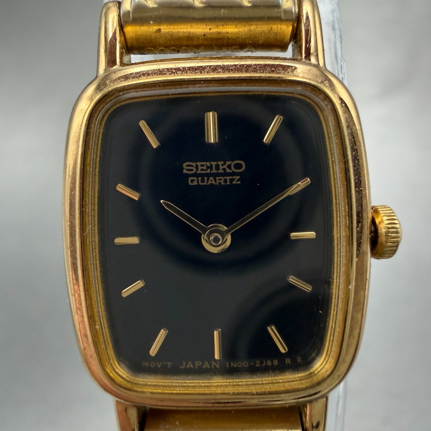 Seiko Watch Women 17mm Black Dial Gold Tone Rectangle 1N00-5K29 New Battery VTG1