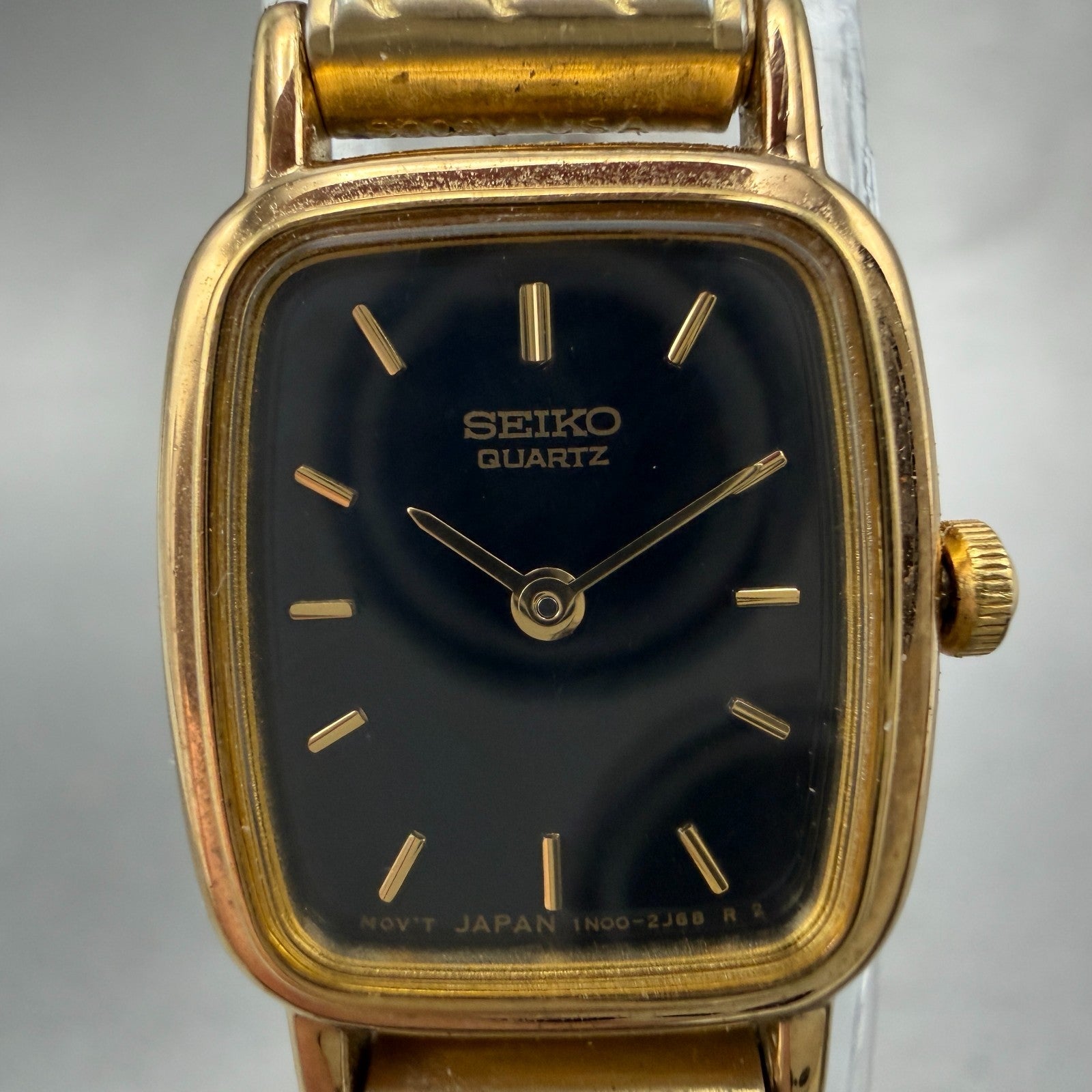 Seiko Watch Women 17mm Black Dial Gold Tone Rectangle 1N00-5K29 New Battery VTG1