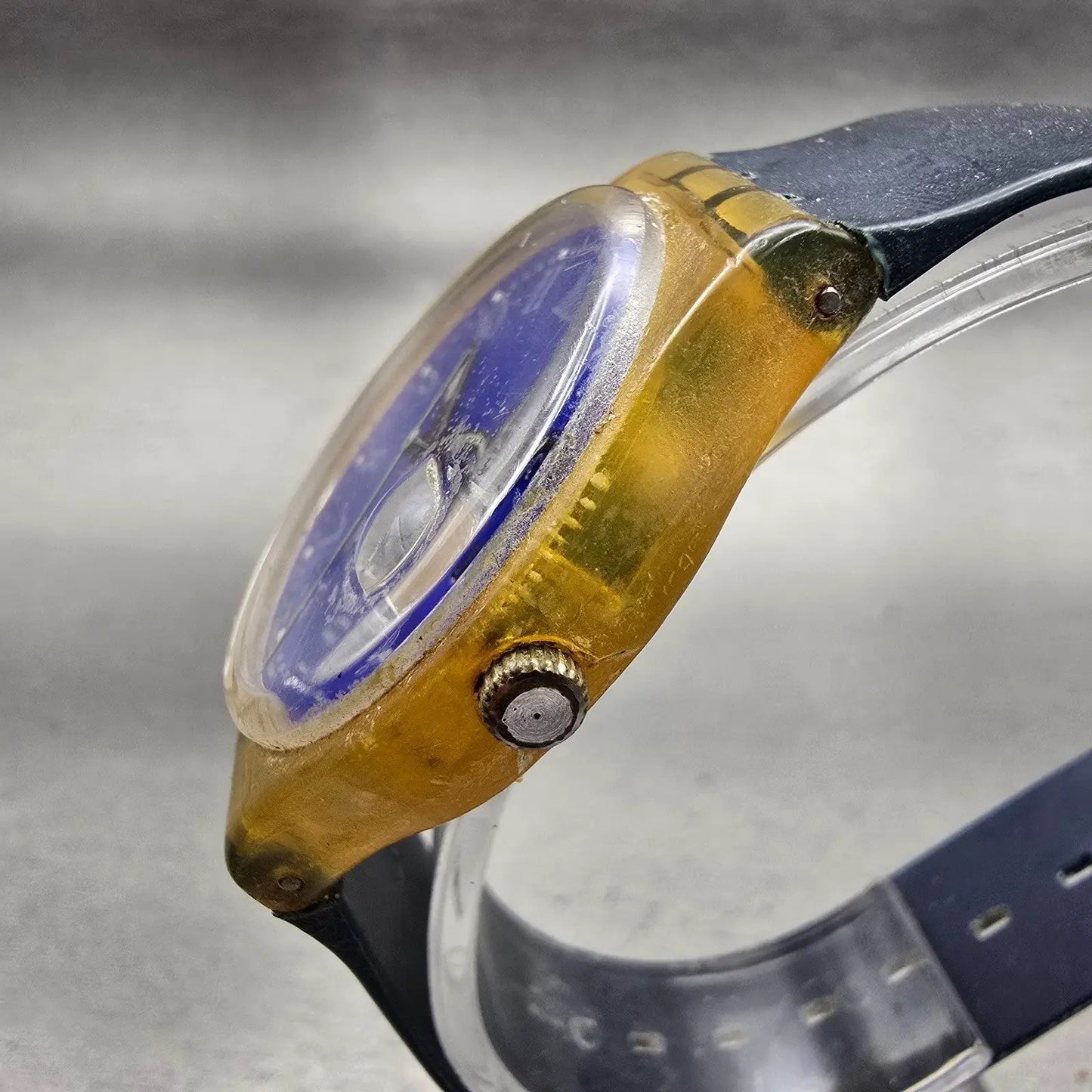 Swatch Blu-Lui Watch Men 34mm Blue Dial Clear Case Date Round GK400 New Bat2