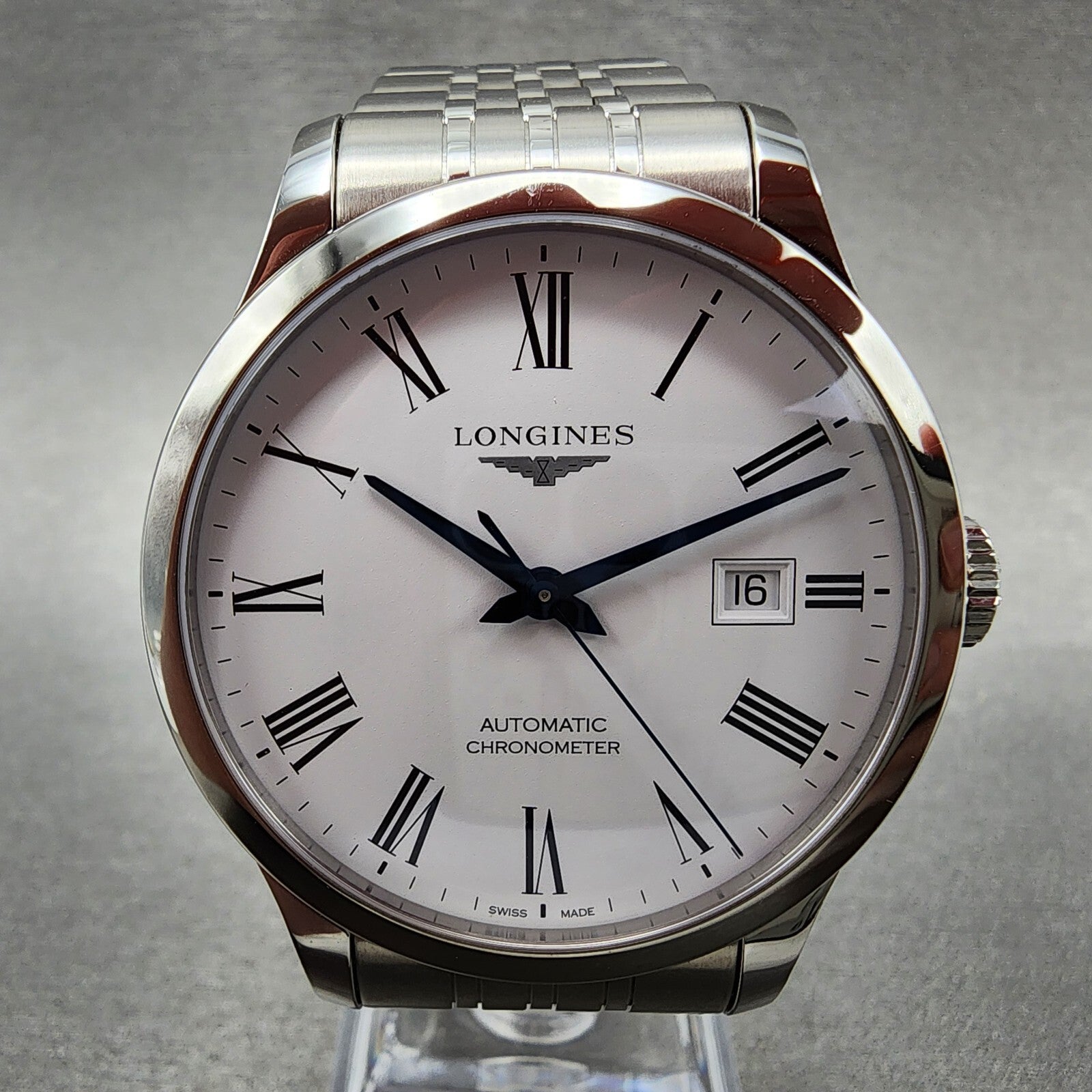 Longines Record Automatic Watch Men 40mm White Dial Steel Date L2.821.4.11.61
