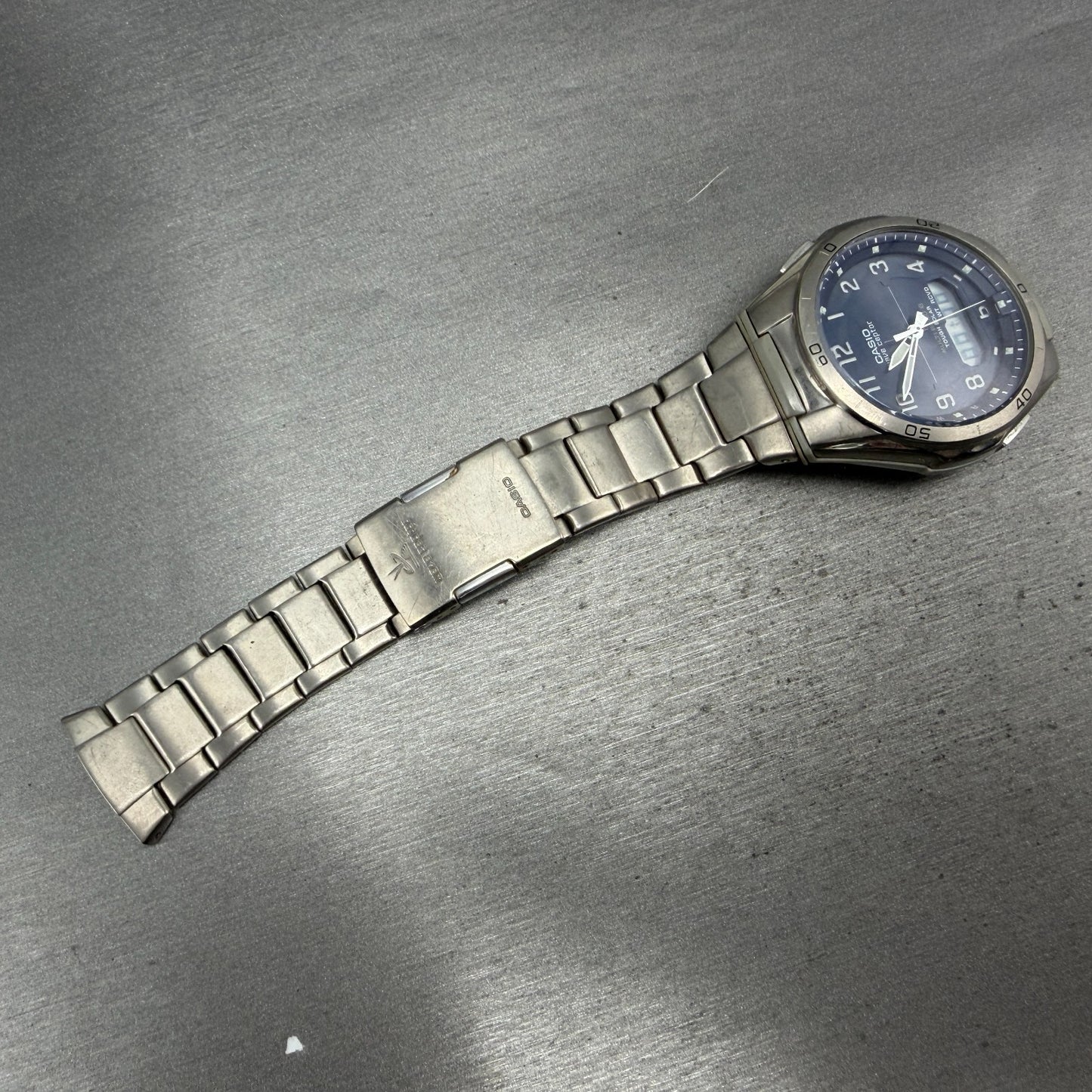 Casio Wave Ceptor Watch Men 42mm Blue Dial Steel Solar Analog Digital READ!!!!!!6