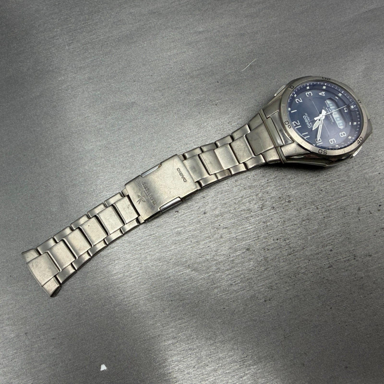 Casio Wave Ceptor Watch Men 42mm Blue Dial Steel Solar Analog Digital READ!!!!!!6