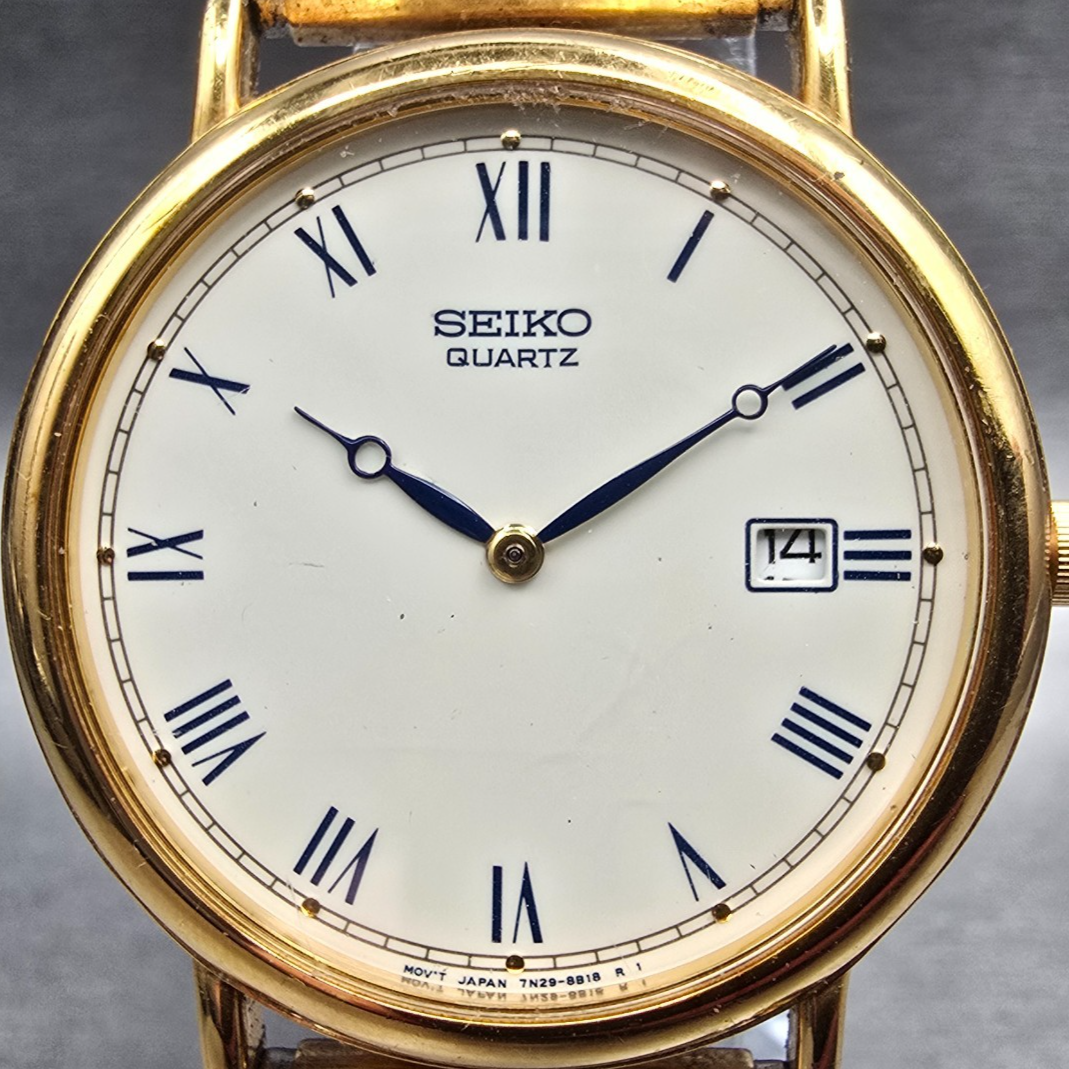 Seiko Watch Men 34mm Ivory Dial Gold  Date Round 7N29-8A09 New Battery VTG1