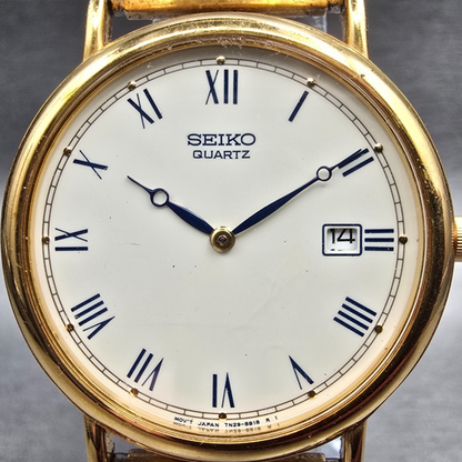 Seiko Watch Men 34mm Ivory Dial Gold  Date Round 7N29-8A09 New Battery VTG1