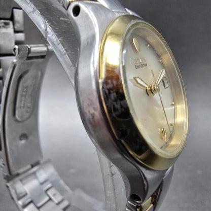 Citizen Eco-Drive Watch Women 25mm Cream Dial Two Tone Date Round Works JP3