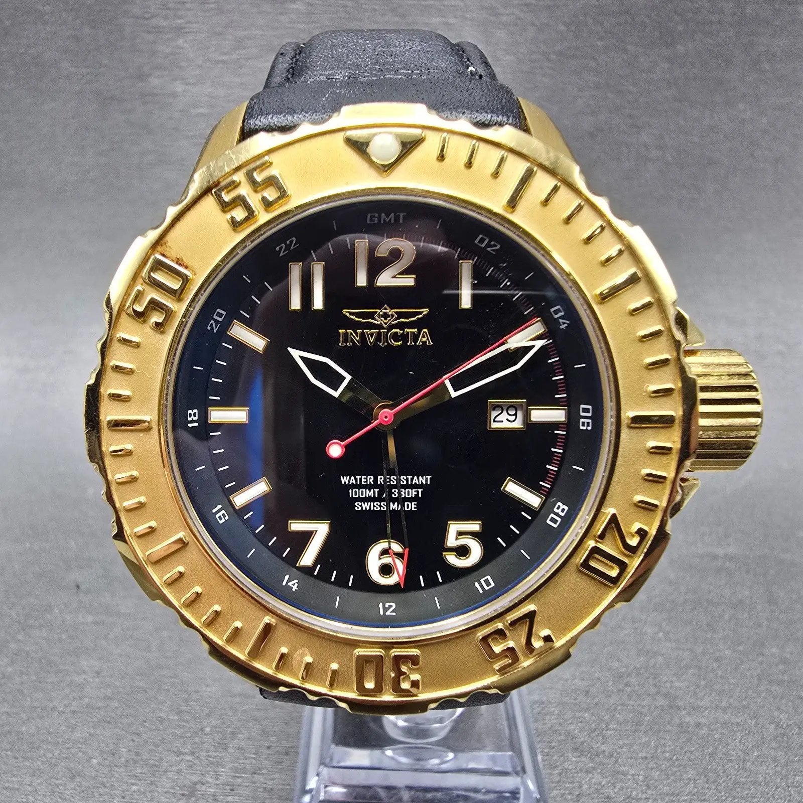 Invicta Specialty GMT Watch Men 50mm Black Dial Gold Tone Date F0058 New Batt JK0