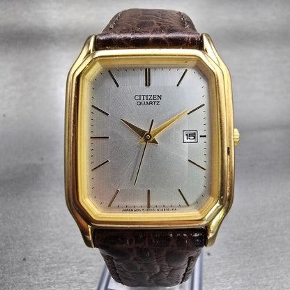 Citizen Watch Men 28mm Silver Dial Gold Tone Date Rectangle 8010-S36998 New Batt0