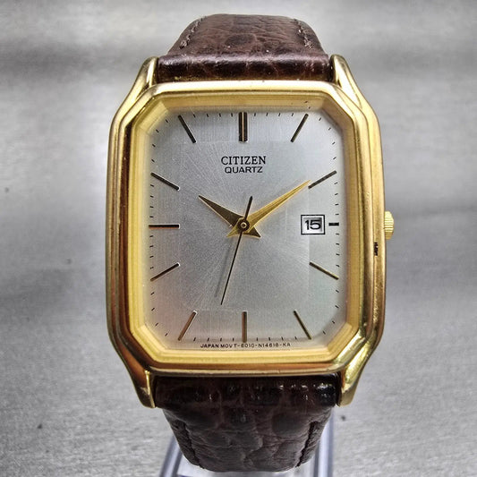 Citizen Watch Men 28mm Silver Dial Gold Tone Date Rectangle 8010-S36998 New Batt0
