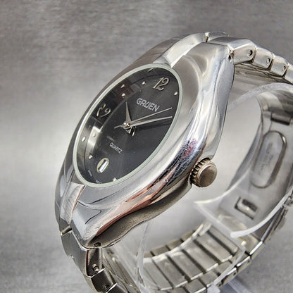 Gruen Watch Men 37mm Gray Dial Silver Tone Date Round PC32 New Battery