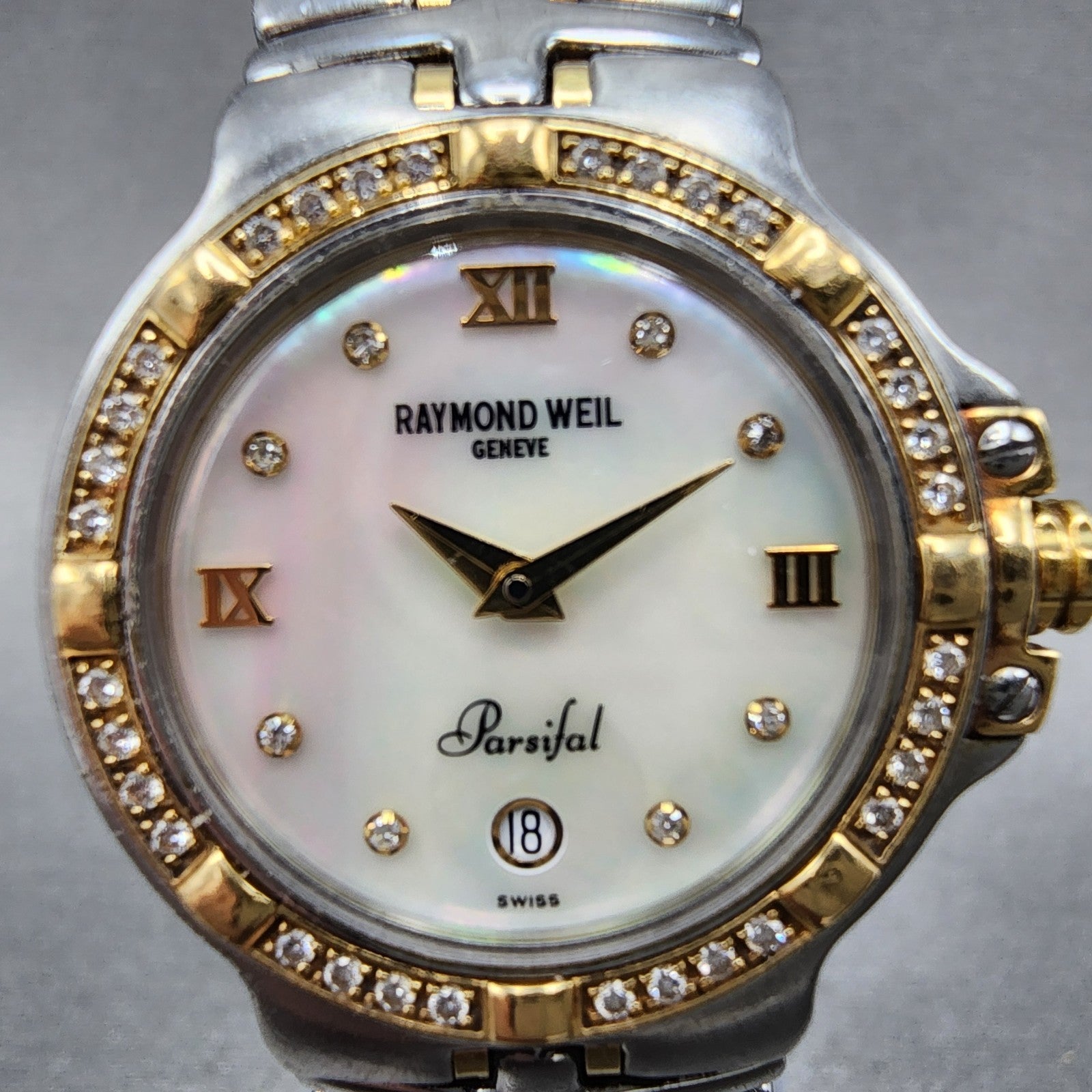 Raymond Weil Parsifal Watch Women 27mm MOP Dial Steel Diamond Bezel Date Newbatt1