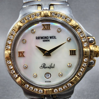 Raymond Weil Parsifal Watch Women 27mm MOP Dial Steel Diamond Bezel Date Newbatt1