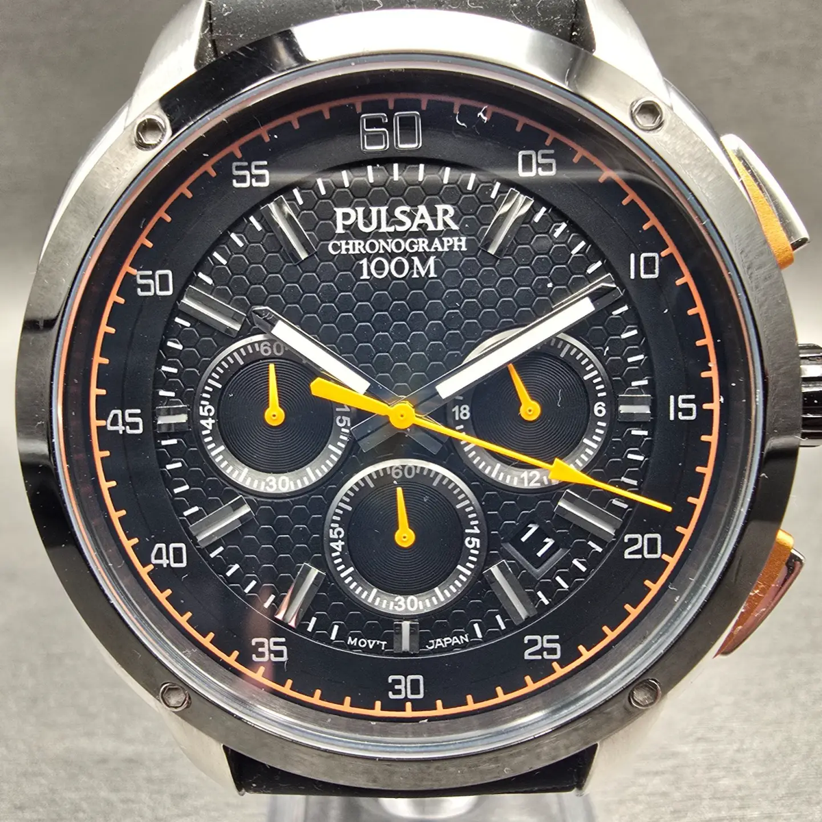 Pulsar Chronograph Watch Men 46mm Black Dial Silver Tone Date VD53-X112 New Batt1