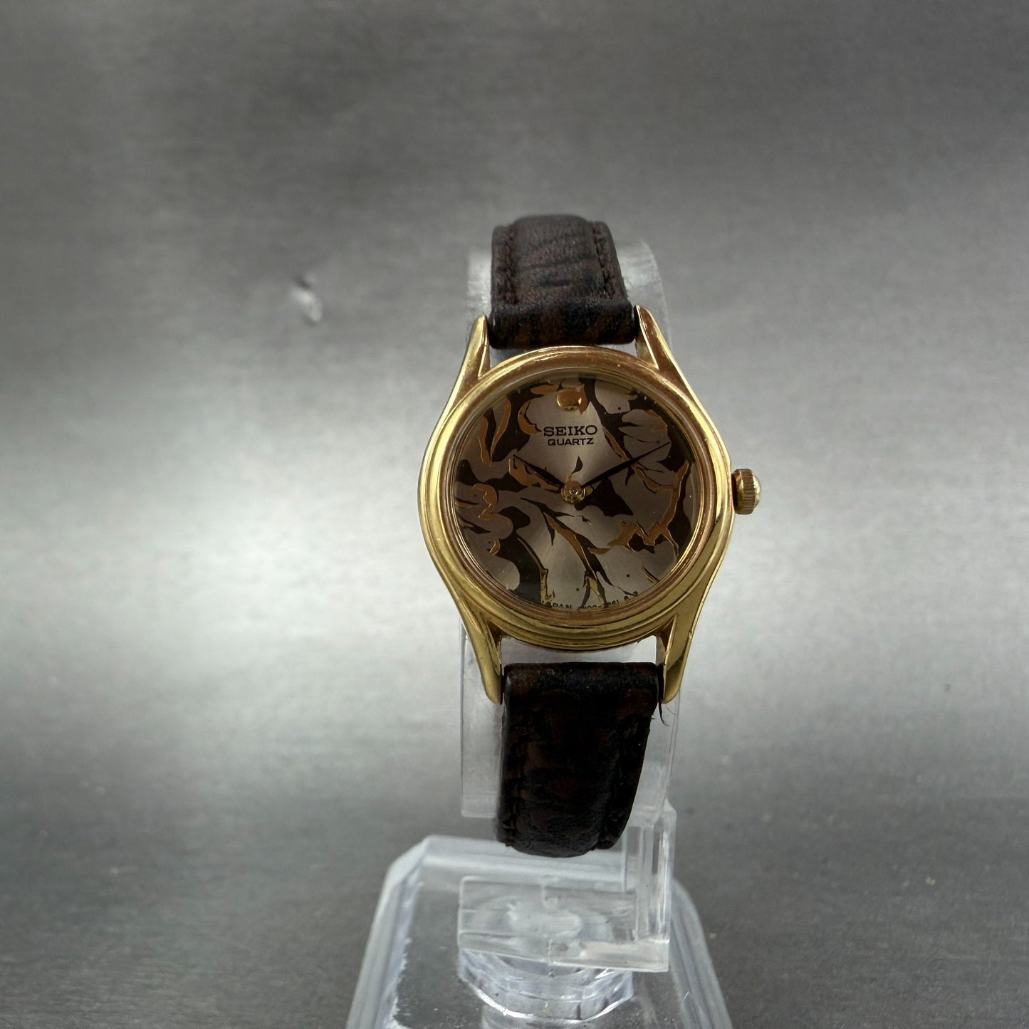 Seiko Watch Women 21mm Champagne Floral Dial Gold Tone Round 4N00-0608 New Batt5
