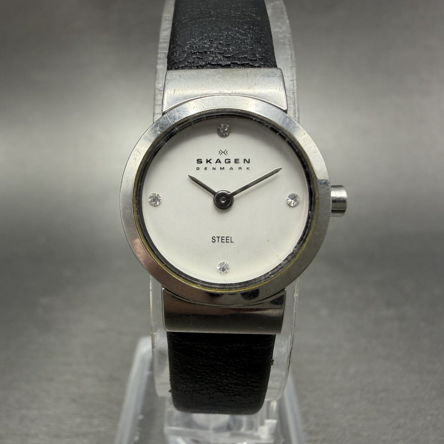 Skagen Watch Women 19mm Silver Dial Steel Round 590SSLC Leather Band New Battery0