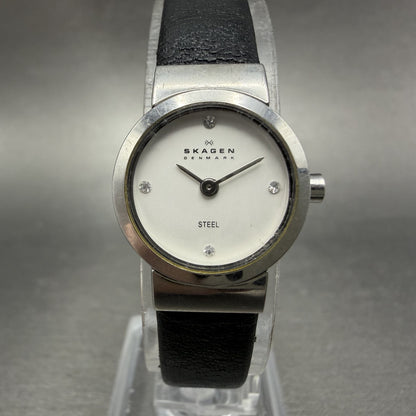 Skagen Watch Women 19mm Silver Dial Steel Round 590SSLC Leather Band New Battery0