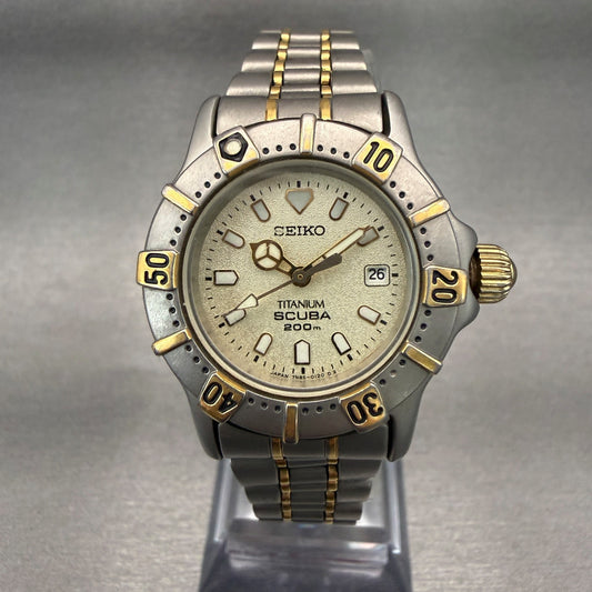 Seiko Scuba Dive Watch Women 29mm Champagne Dial Two Tone Date Round 7N85-01100