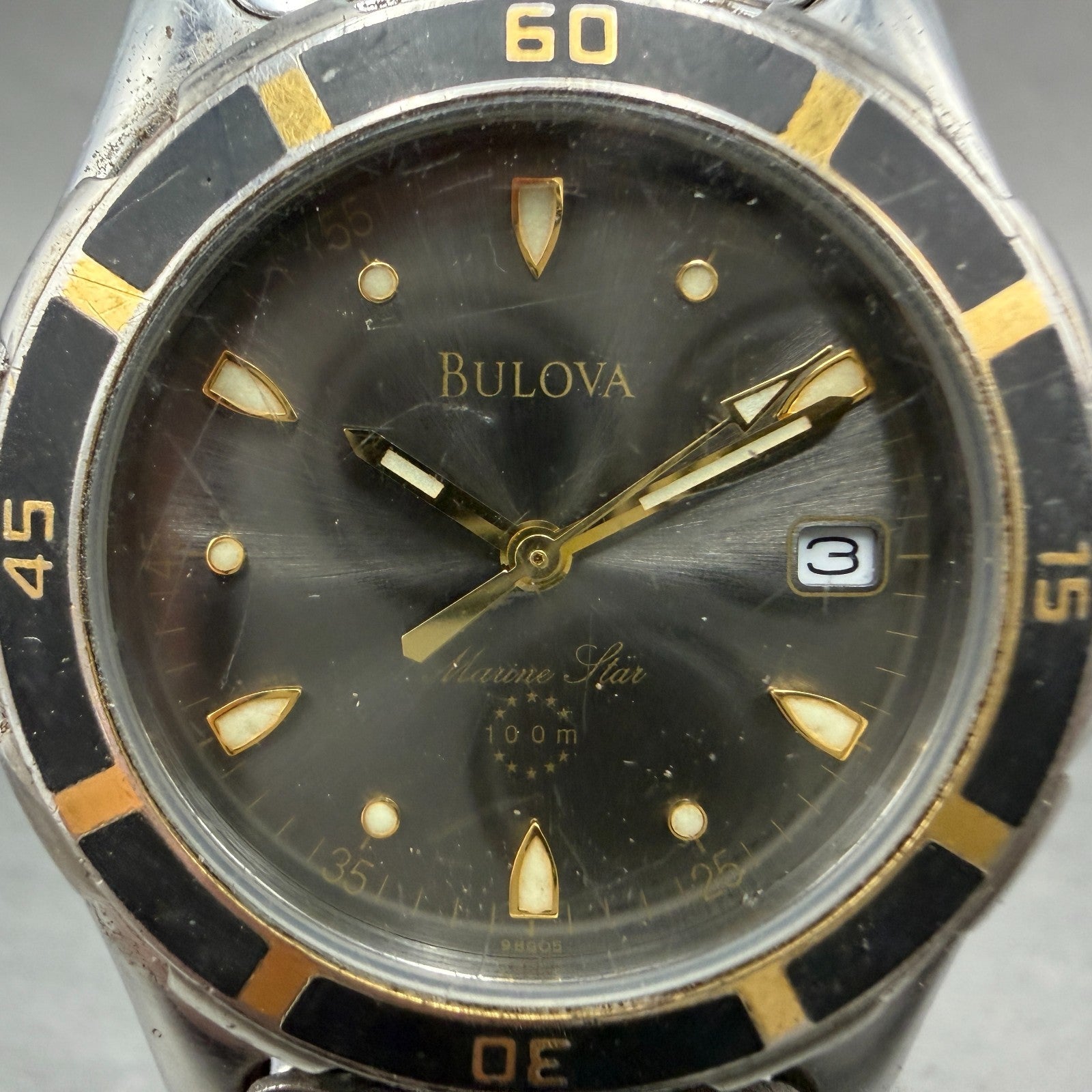 Bulova Marine Star Watch Men 37mm Black Dial Two Tone Date 98G05 New Battery1