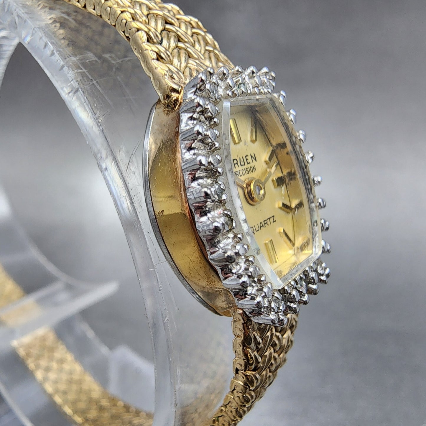 Gruen Precision Watch Women 14mm Gold Dial Gold Tone Diamond Bezel New Battery3
