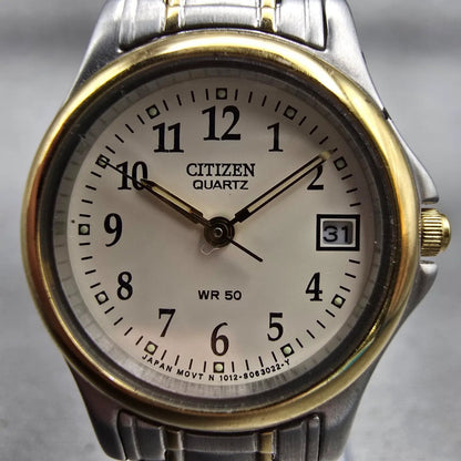 Citizen Watch Women 24mm White Dial Two Tone Date Round 1012-S038375 New Battery1