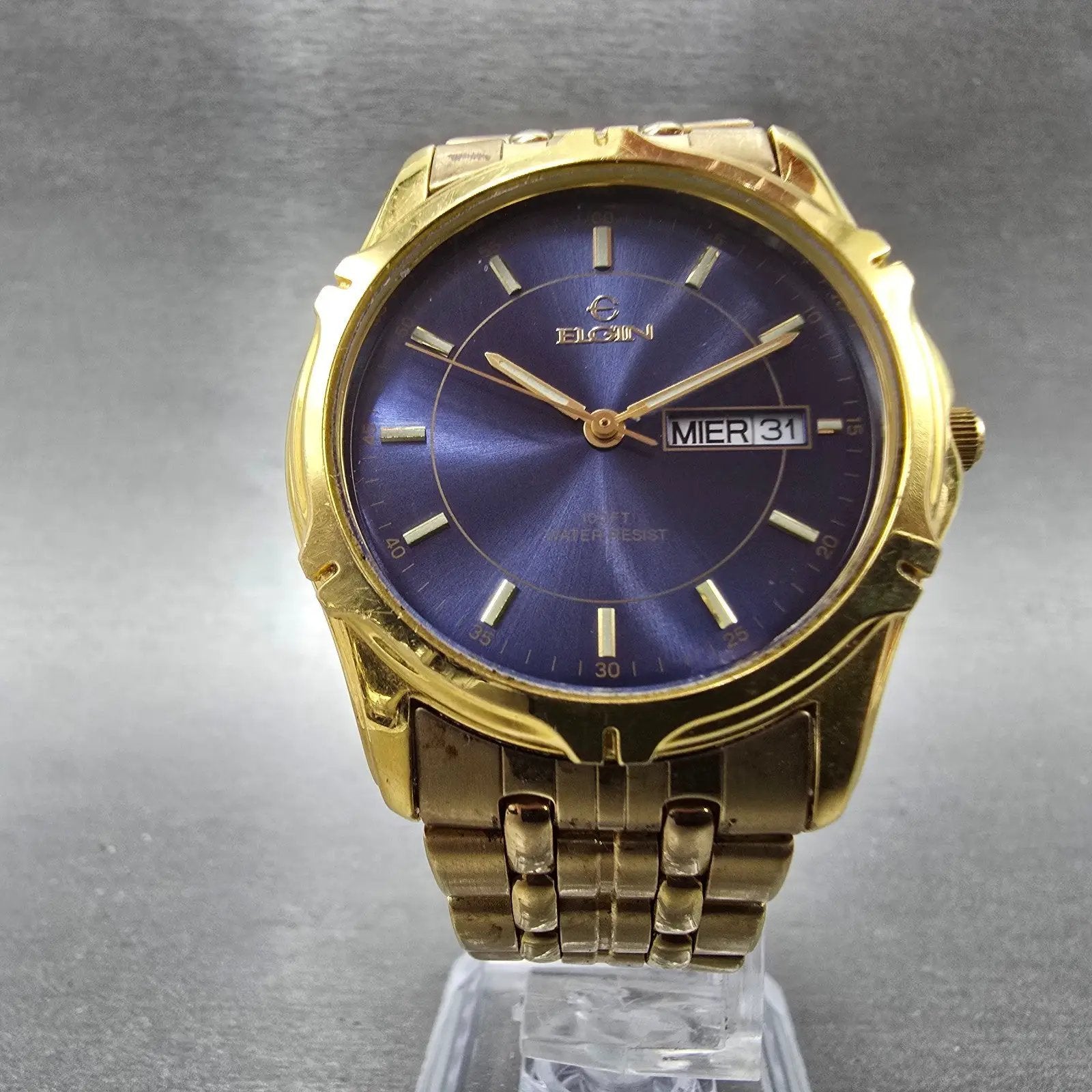 ELgin Watch Men 36mm Blue Dial Gold Tone Daydate Round FC336B New Battery5