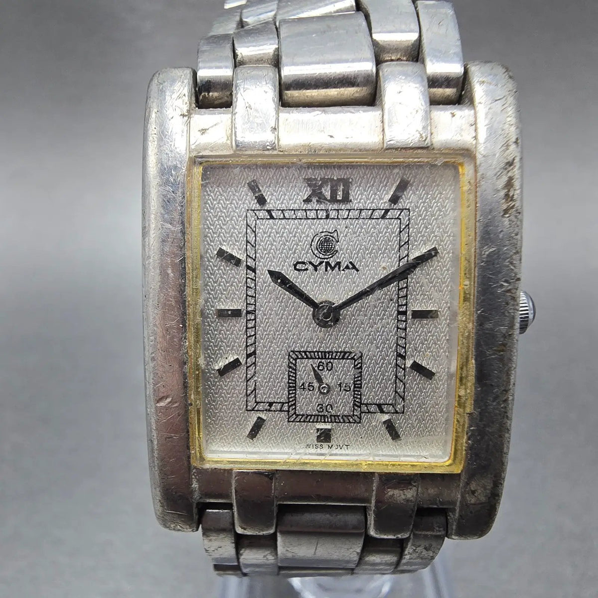 Cyma Tank Watch Men 25mm Silver Dial Steel Small Seconds 729 Rectangle PARTS0