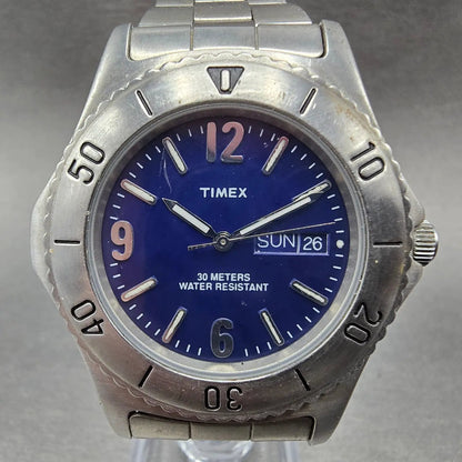 Timex Dive Watch Men 37mm Blue Dial Silver Daydate Round New Battery0