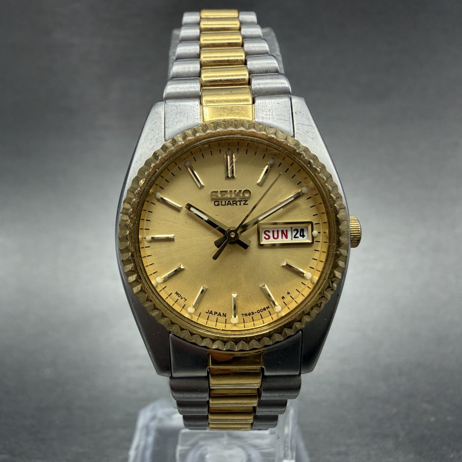 Seiko Watch Women 24mm Gold Dial Two Tone Daydate Round 7n83-0041 New Battery 590