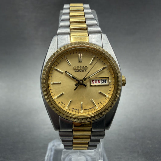 Seiko Watch Women 24mm Gold Dial Two Tone Daydate Round 7n83-0041 New Battery 590