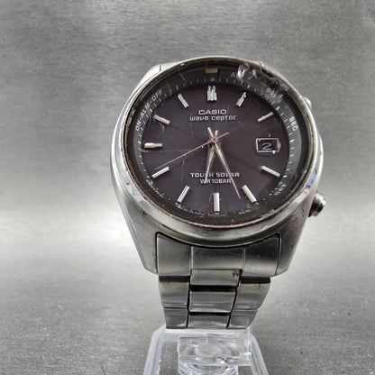 Casio Wave Ceptor Watch Men 39mm Gray Dial Steel Date Round WVQ-110DJ Works5