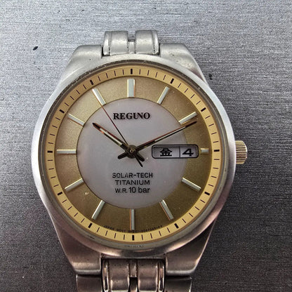 Citizen Reguno Solar Watch Men 34mm Champagne Dial Titanium Daydate Runs READ!!!1