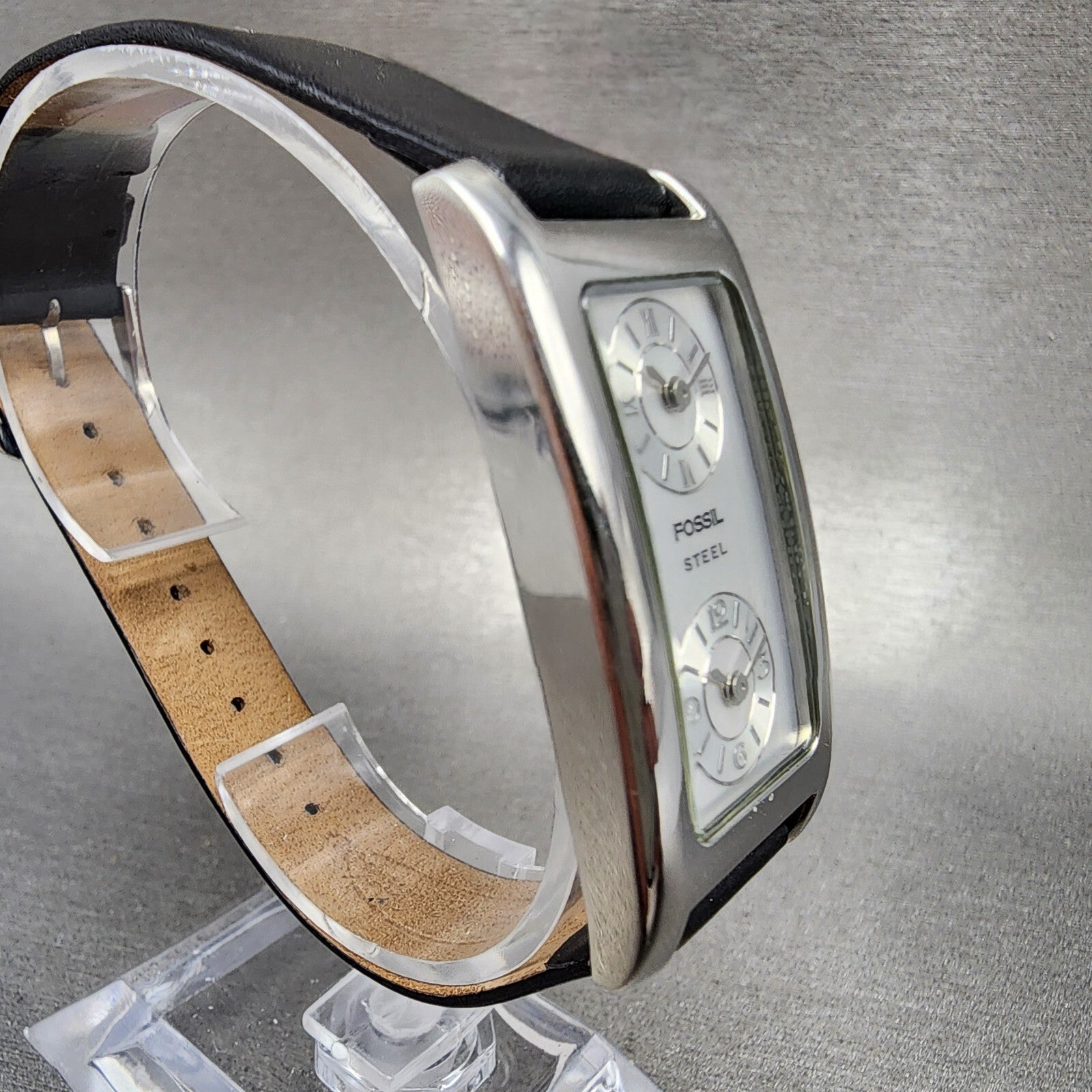 Fossil Steel Dual Time Watch Women 23mm Silver Dial Silver Tone Rectangle NewBat3
