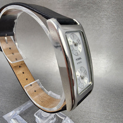Fossil Steel Dual Time Watch Women 23mm Silver Dial Silver Tone Rectangle NewBat3