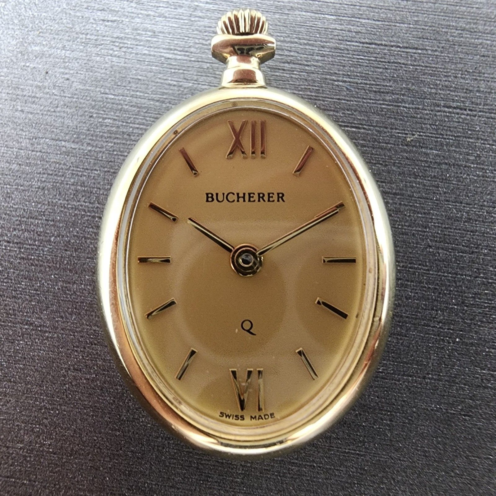 Bucherer Q Pendant Watch Women 20mm Gold Dial Gold Tone Oval New Battery0