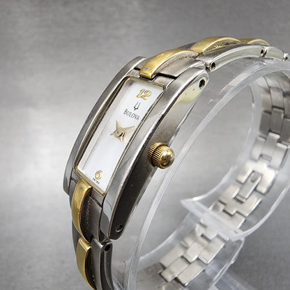 Bulova Tank Watch Women 14mm Silver Dial Two Tone Rectangle 98T60 New Battery3